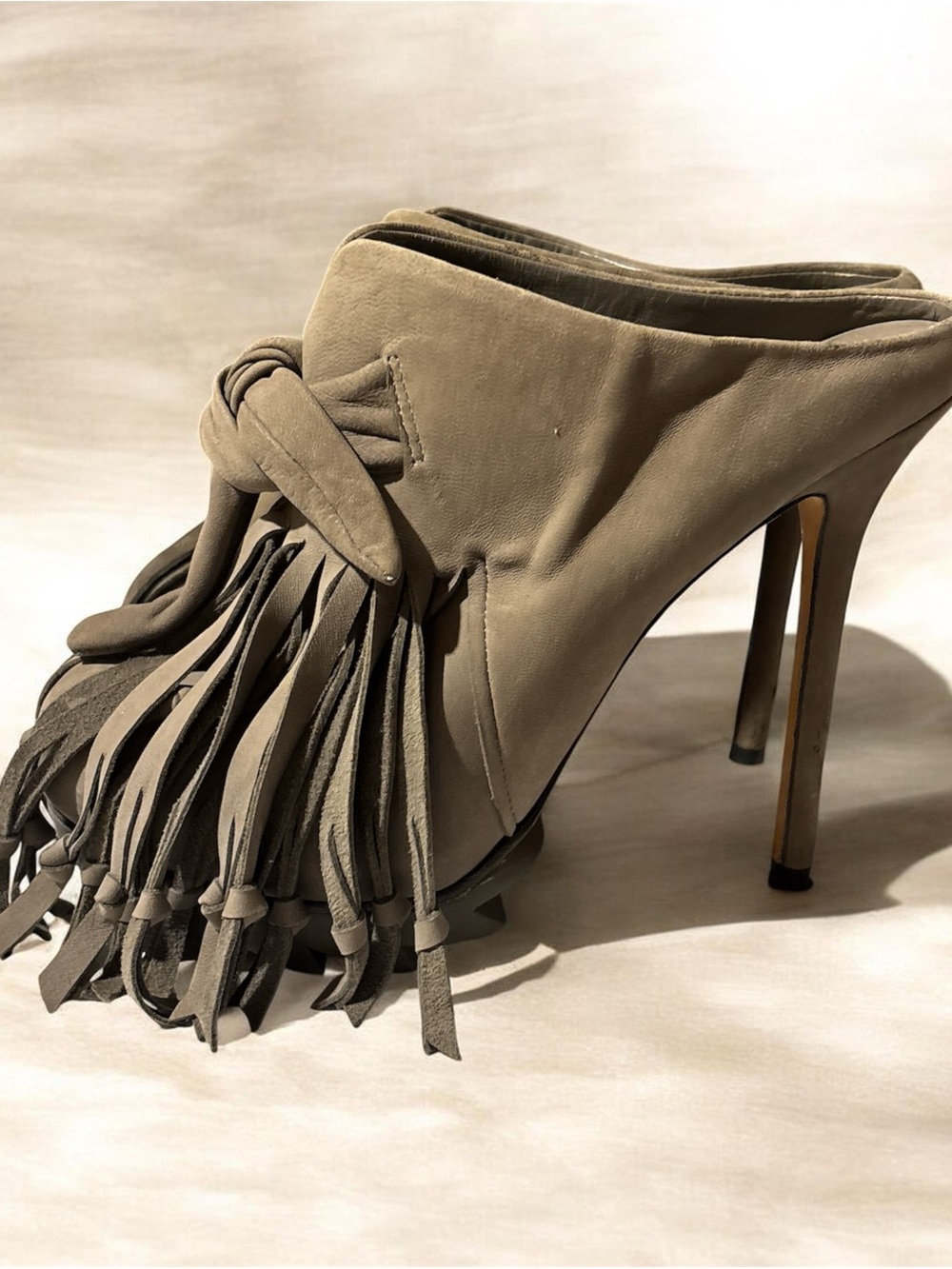 Fringed Taupe High Heel Knot-Accent Mule